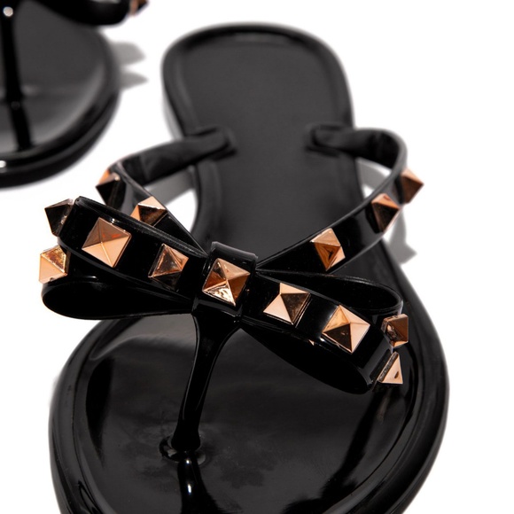 New Black Thong Open Toe Gold Studded Bow Jelly Slide Flat Sandal Flip Flops - Picture 5 of 5